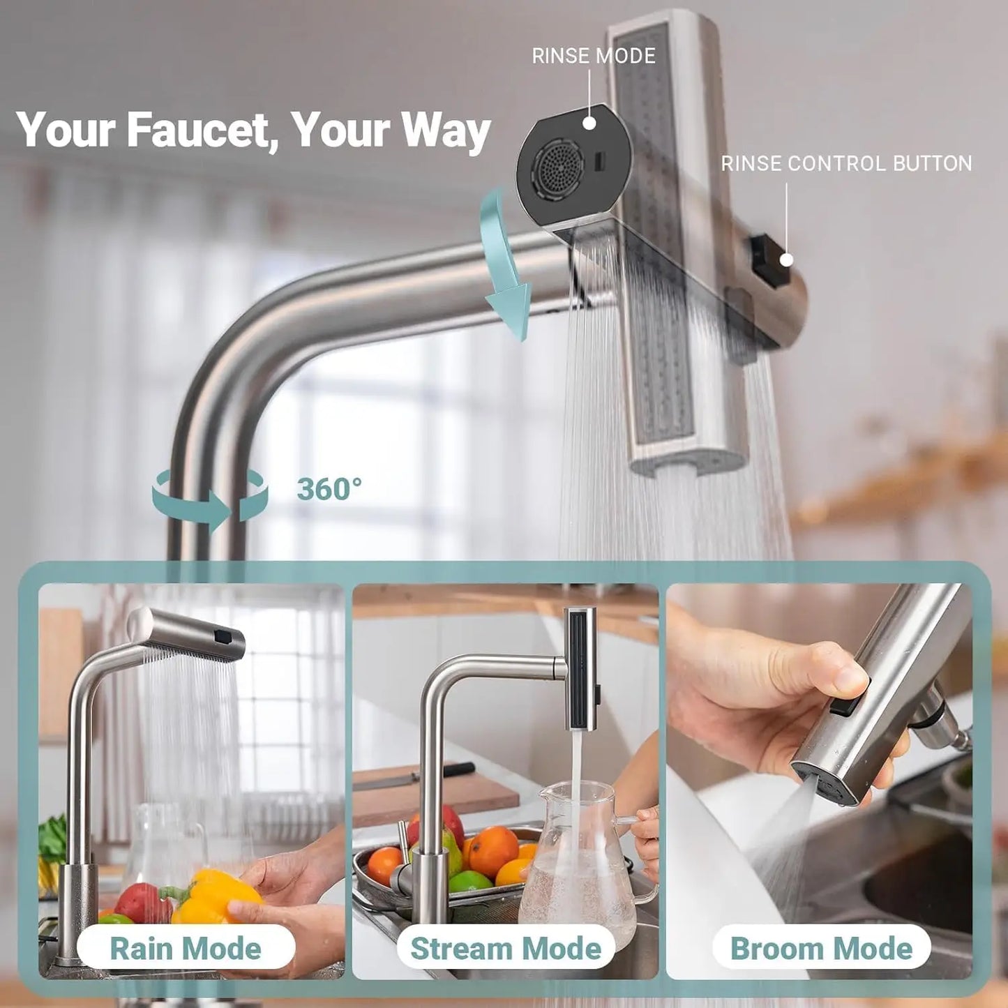 3 Mode Kitchen Faucets Pull Out Rotation Waterfall Stream Sprayer Head