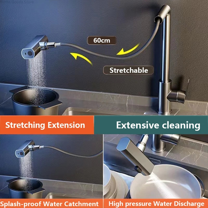 3 Mode Kitchen Faucets Pull Out Rotation Waterfall Stream Sprayer Head