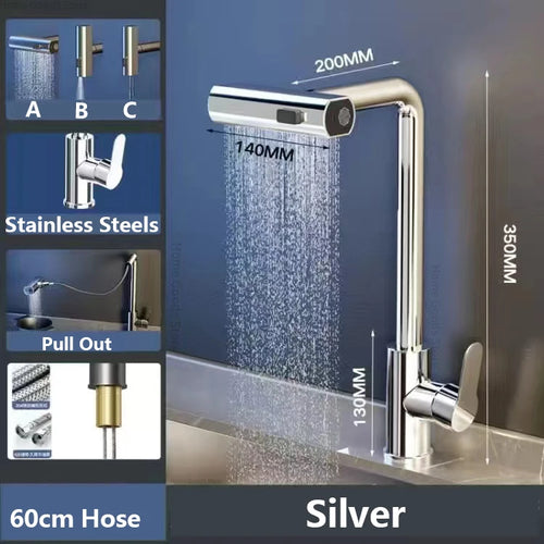 3 Mode Kitchen Faucets Pull Out Rotation Waterfall Stream Sprayer Head