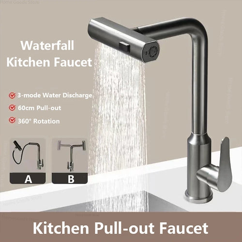 3 Mode Kitchen Faucets Pull Out Rotation Waterfall Stream Sprayer Head