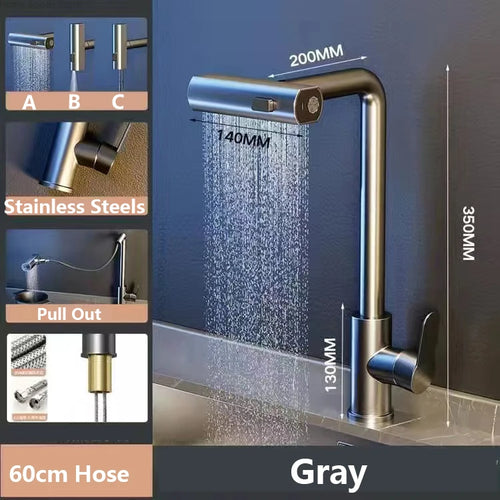 3 Mode Kitchen Faucets Pull Out Rotation Waterfall Stream Sprayer Head