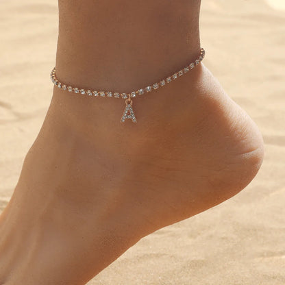 Bohemia Vintage Rhinestone 26 Letter Anklet For Women Summer Beach