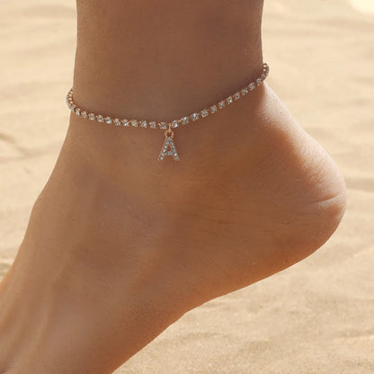 Bohemia Vintage Rhinestone 26 Letter Anklet For Women Summer Beach