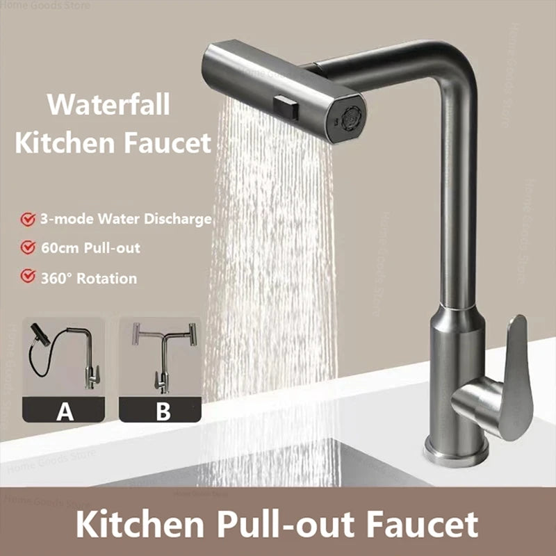 3 Mode Kitchen Faucets Pull Out Rotation Waterfall Stream Sprayer Head