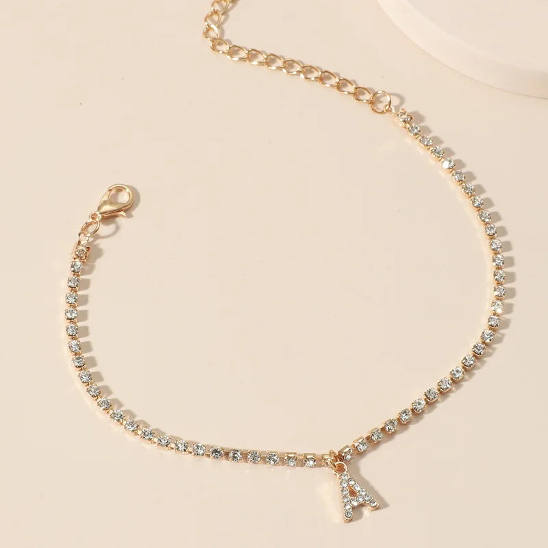 Bohemia Vintage Rhinestone 26 Letter Anklet For Women Summer Beach